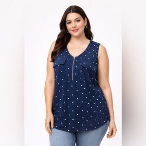 Eden & Olivia Womens Blouse Top Sleeveless Navy Polka Dot V-neck Zipper Front 2X